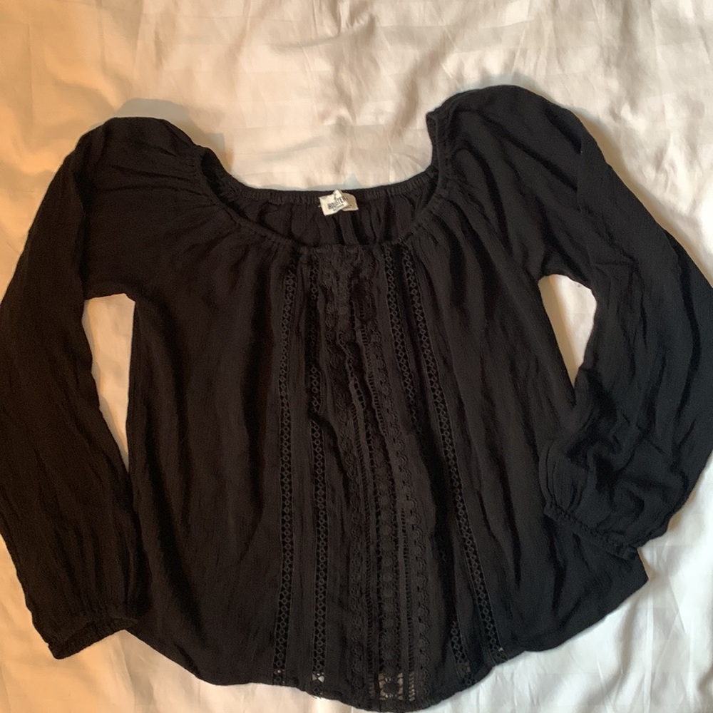 Hollister black crinkly off the shoulder viscose peasant blouse w lace front NWT - Picture 4 of 6